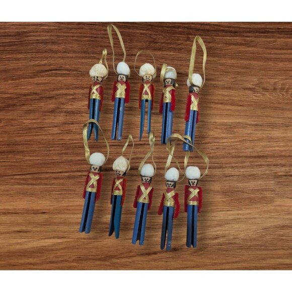 Set Of 10 Handmade Nutcracker Soldier Clothespin Ornaments With Gold Ribbon Hang - Picture 1 of 8